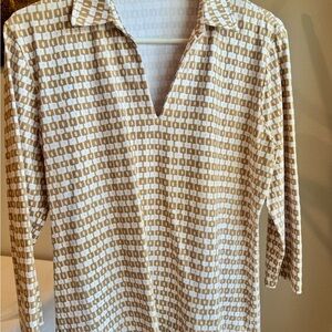 J. McLaughlin Cream and Tan Geometric Collared Blouse